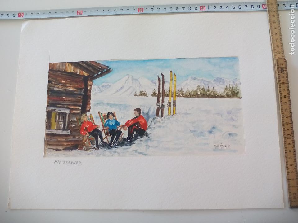 Arte: Acuarela firmada por el pintor Br&auml;uer. AM Brenner, esquiadores, 70th watercolor paint, Aquarellfarbe