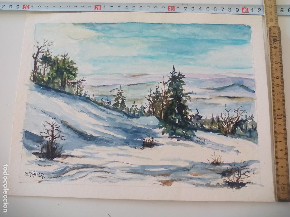 Arte: Acuarela firmada por el pintor Br&auml;uer. Paisaje nevado, a&ntilde;os 70, watercolor paint, Aquarellfarbe