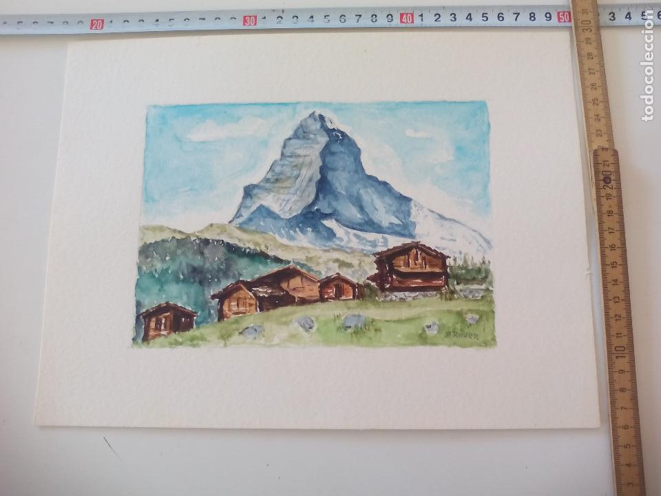 Art: Acuarela firmada por el pintor Br&auml;uer. Paisaje de monta&ntilde;a, a&ntilde;os 70, watercolor paint, Aquarellfarbe