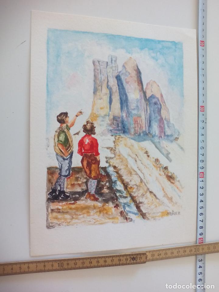 Art: Acuarela firmada por el pintor Br&auml;uer. Paisaje de monta&ntilde;a, a&ntilde;os 70, watercolor paint, Aquarellfarbe