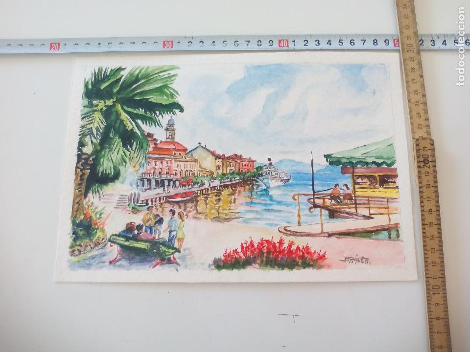 Art: Acuarela firmada por el pintor Br&auml;uer. playa o lago, a&ntilde;os 70, watercolor paint, Aquarellfarbe