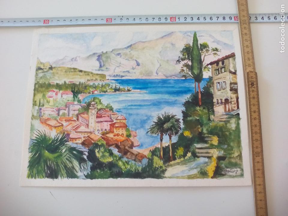 Art: Acuarela firmada por el pintor Br&auml;uer. paisaje playa o lago a&ntilde;os 70, watercolor paint, Aquarellfarbe