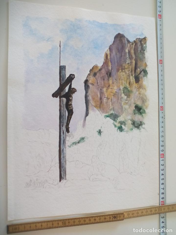 Art: Acuarela sin firmar, sin terminar creo que de el pintor Br&auml;uer. cristo cruz 70th watercolor paint,