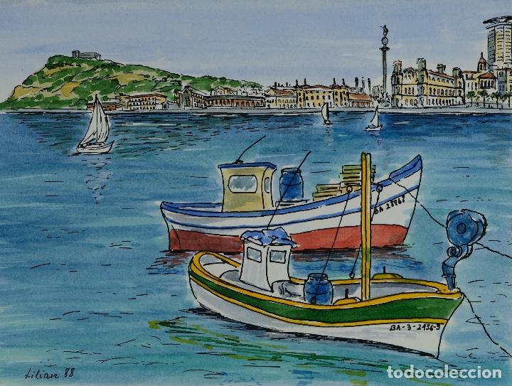 Arte: Acuarela y tinta sobre papel Barcas en puerto firmado Lilian 88