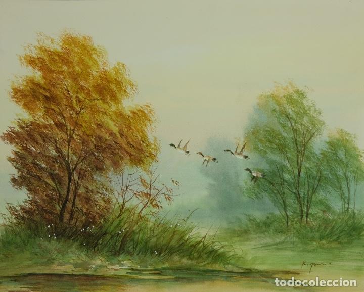 Arte: Acuarela sobre papel Paisaje lago y patos volando tercer tercio siglo XX