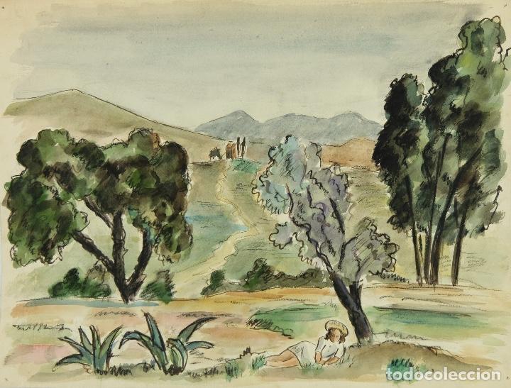 Arte: Acuarela y ceras sobre papel Paisaje campo mediados siglo XX