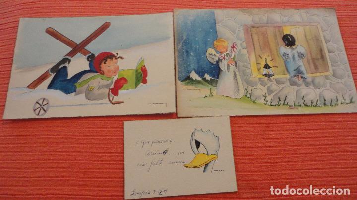 Kunst: ANTIGUO CONJUNTO DE 3 POSTALES PINTADAS A MANO.FIRMADAS MANY.ZARAGOZA A&Ntilde;OS 50
