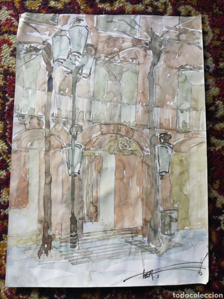Arte: AQUARELA FA&Ccedil;ANA AJUNTAMENT, PLA&Ccedil;A DE LA VILA (VILANOVA I LA GELTR&Uacute;), FIRMADA PER AUTOR. 42X30CM.