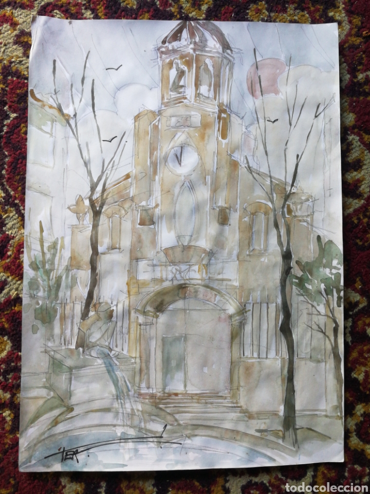 Arte: AQUARELA ESGL&Egrave;SIA DE MAR, INMACULADA CONCEPCI&Oacute; (VILANOVA I LA GELTR&Uacute;), FIRMADA PER AUTOR. 42X30CM.