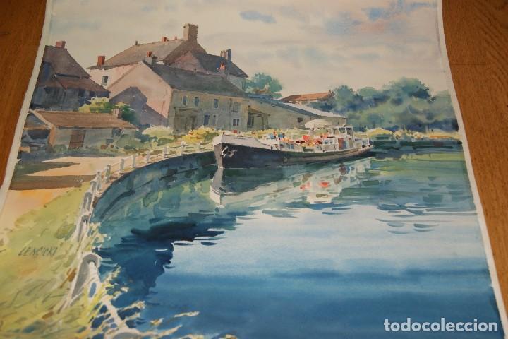 Kunst: Preciosa acuarela de barco en un canal, firmado por Lencioki