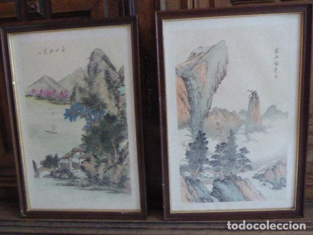Arte: PAREJA DE ANTIGUAS ACUARELAS CHINA - JAPON SOBRE SEDA.  CALIGRAFIA Y SELLOS