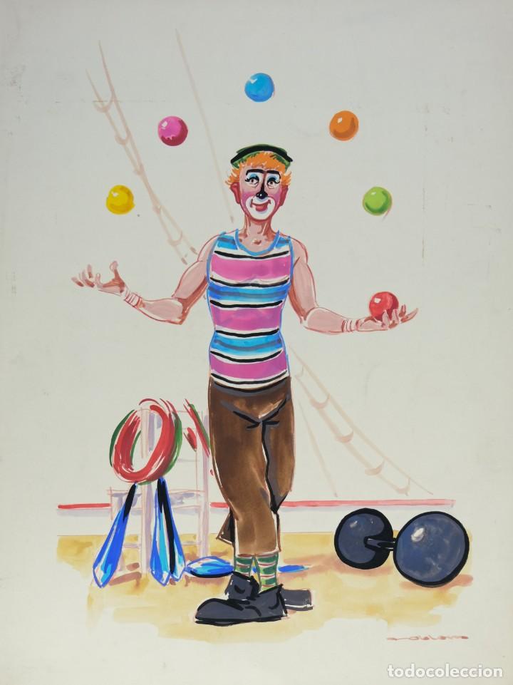 Arte: Goauche sobre papel Payaso malabarista firmado ilegible mediados siglo XX