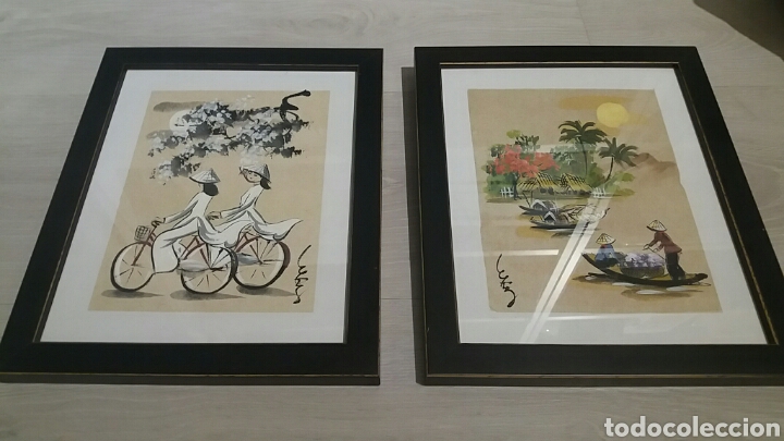Art: CONJUNTO DE 2 L&Aacute;MINAS VIETNAMITAS. DIBUJOS T&Iacute;PICOS ORIENTALES. COSTUMBRISTAS