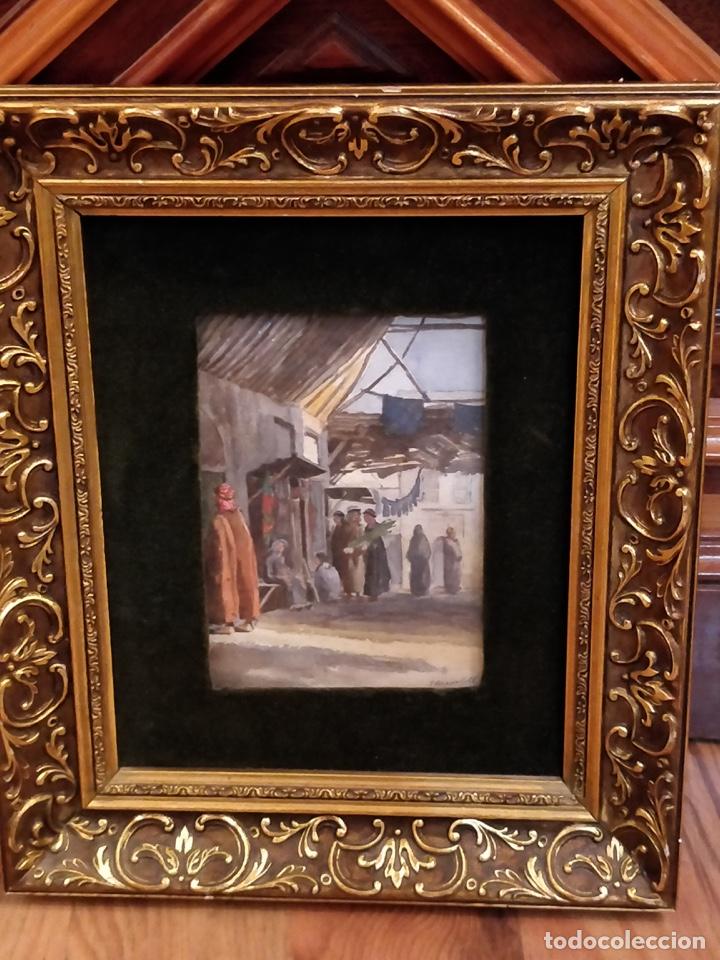 Arte: Acuarela enmarcada y firmada de un zoco de Bagdad, 29.5x34.5cm (Con marco)