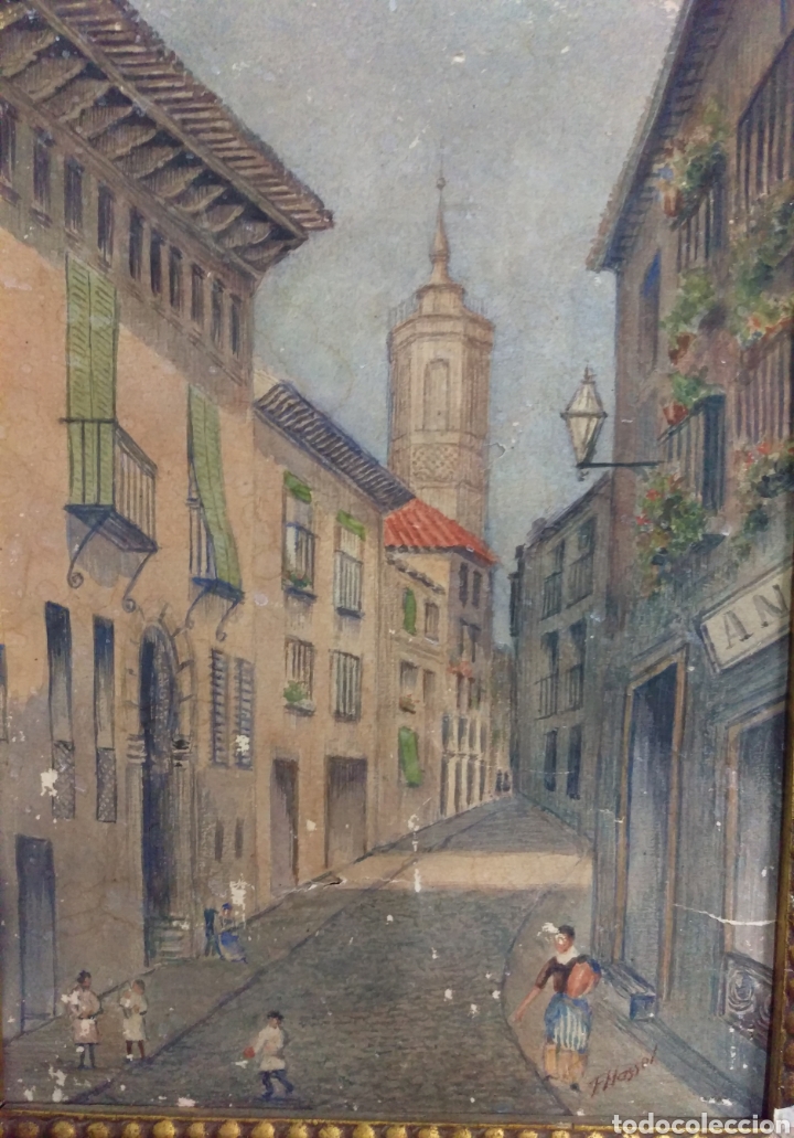 Kunst: F. HASSEL ANTIGUA ACUARELA CALLE DE ZARAGOZA HACIA 1930