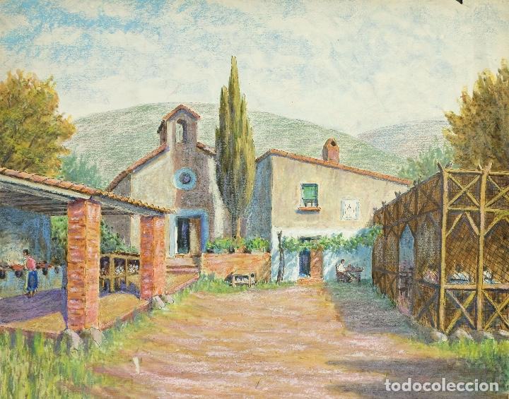 Kunst: Acuarela y pastel sobre papel Vista restaurante de pueblo interior siglo XX