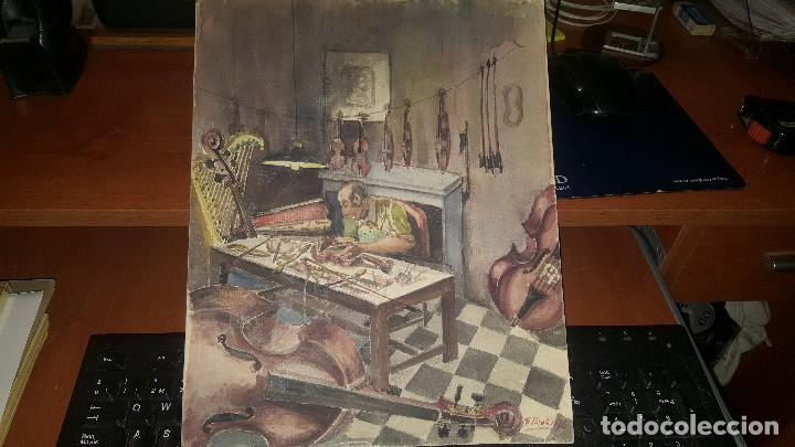 Arte: Bonita acuarela de luthier en su taller, autor coronel de caballeria, 32,5 x 26 cm.