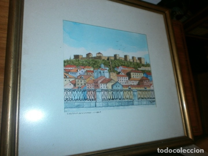 Arte: Dibujo color Castillo de San Jorge Lisboa firmado E Alves enmarcado medida 28 X 26 cm. 15 X 13 hueco