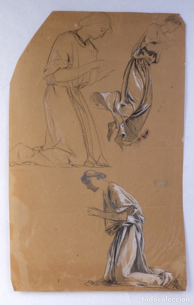 Arte: Gouache y carboncillo sobre papel Estudio de mujer orando primer tercio siglo XX