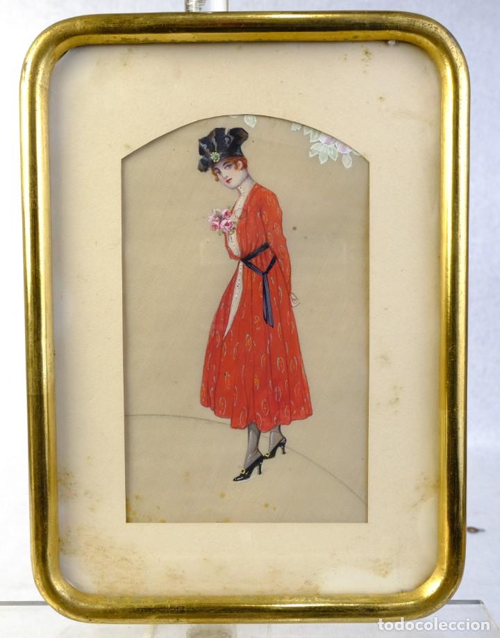 Arte: Goauche sobre seda Dama &eacute;poca Dec&oacute; - Foto 1