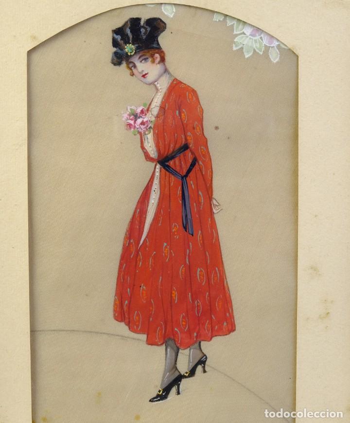 Arte: Goauche sobre seda Dama &eacute;poca Dec&oacute; - Foto 2