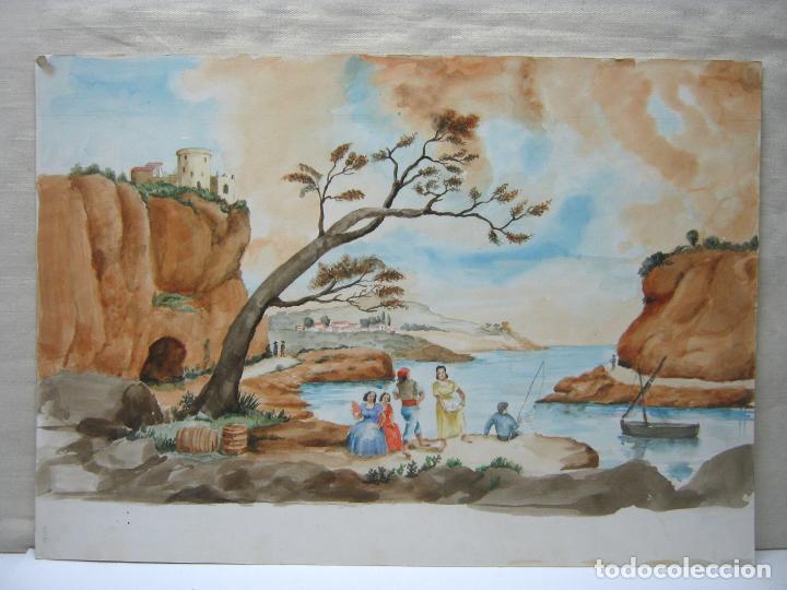 Arte: 50 cm - Acuarela costumbrista Mallorca XIX