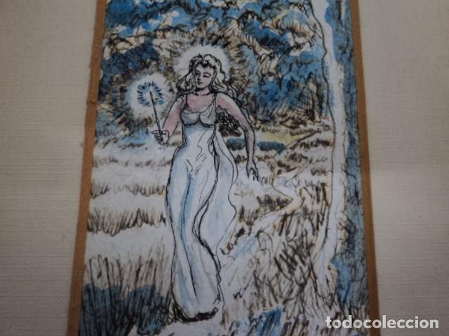 Kunst: PRECIOSO DIBUJO ANTIGUO A PLUMILLA Y ACUARELA HADA EN EL BOSQUE SERIE MITOLOGICA SIN FIRMA
