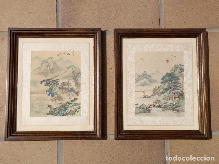 Arte: ESCUELA CHINA. PAREJA DE T&Eacute;CNICAS MIXTAS SOBRE SEDA. FIRMADAS Y ENMARCADAS. 1&ordm; MITAD S. XX.