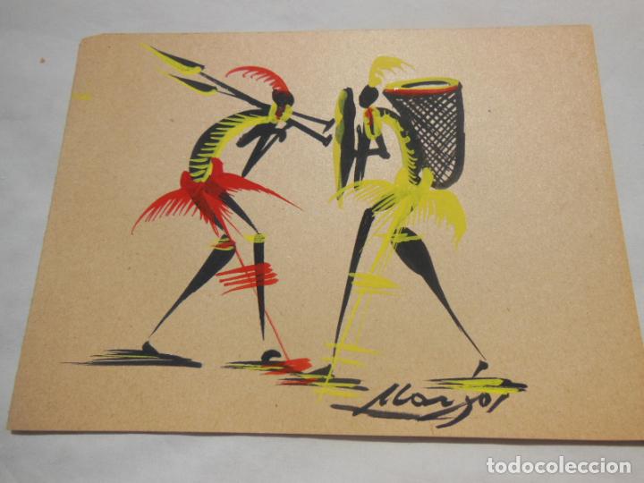 Art: Antigua Tarjeta Acuarela Original : IND&Iacute;GENAS AFRICANOS. Firma MAYOL