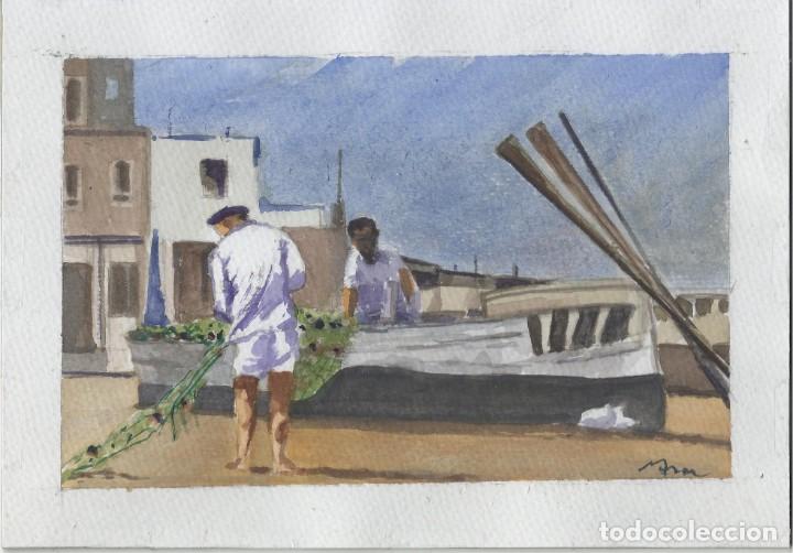 Arte: acuarela arreglando las redes firmada