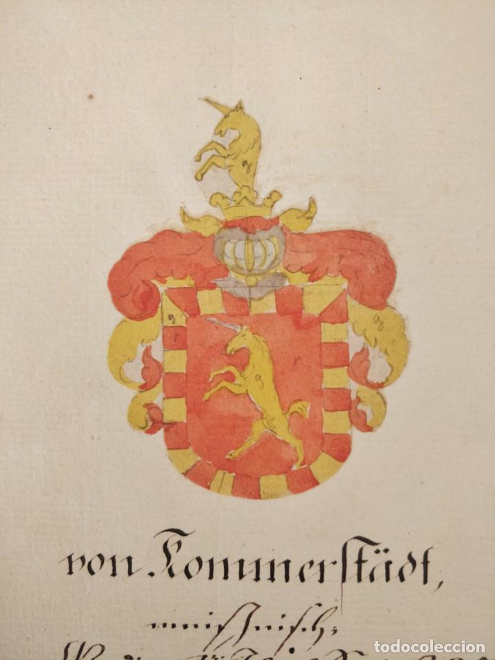 Arte: Maravilloso escudo de armas original del siglo XVIII en acuarela sobre papel verjurado, gran calidad - Foto 2 - 213214672