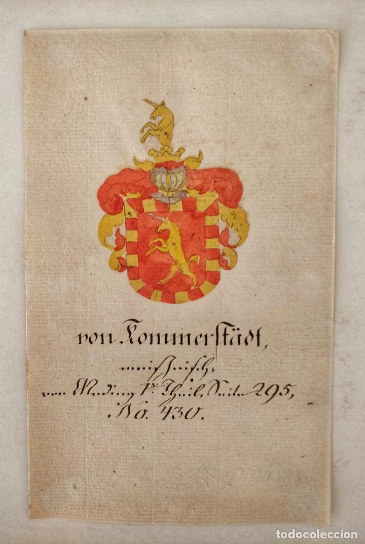 Arte: Maravilloso escudo de armas original del siglo XVIII en acuarela sobre papel verjurado, gran calidad - Foto 1 - 213214672