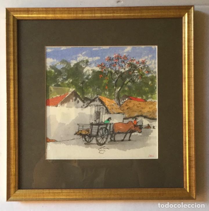 Arte: Acuarela paisaje con carro. 27,5 x 28 cms. AX