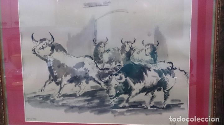 Arte: BONITA ACUARELA DE TOROS ( F VI&Ntilde;ES.) ENCIERRO 60X50CTMS APRO