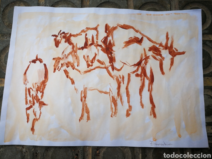 Arte: ACUARELA ART&Iacute;STICA, CABRAS. FIRMADA POR AUTOR (A.ARENCIBIA), 42x29CM.