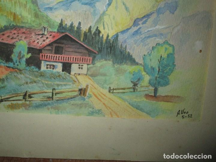 Arte: antigua acuarela firmada en 1952 paisaje montañes y caserio - Foto 2 - 229408715