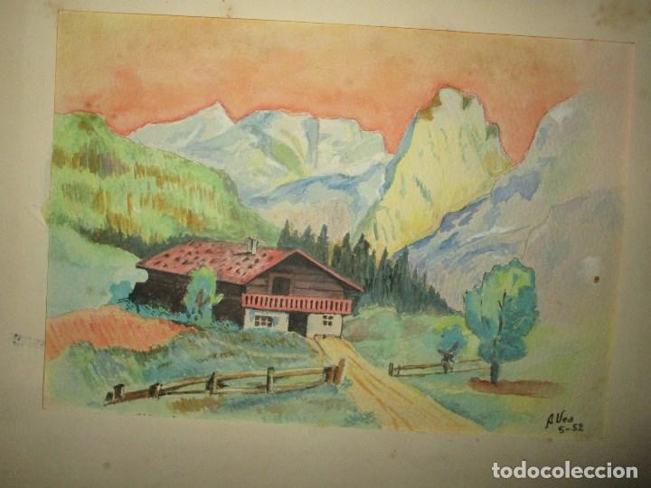 Arte: antigua acuarela firmada en 1952 paisaje montañes y caserio - Foto 3 - 229408715