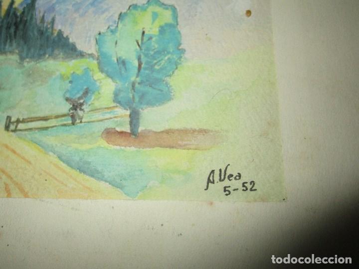 Arte: antigua acuarela firmada en 1952 paisaje montañes y caserio - Foto 4 - 229408715