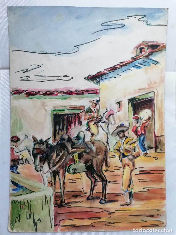 Arte: LAMINA ACUARELA, MOTIVO TAURINO, PICADORES, MEDIDAS 23 X 32 CM