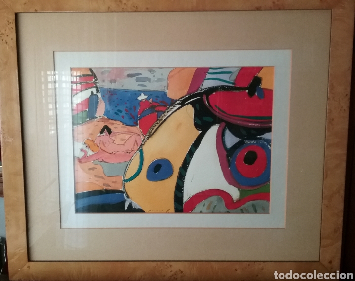 Kunst: Manuel Anoro (Barcelona 1945) Playa. Acuarela t&eacute;cnica mixta. Fechado 89.