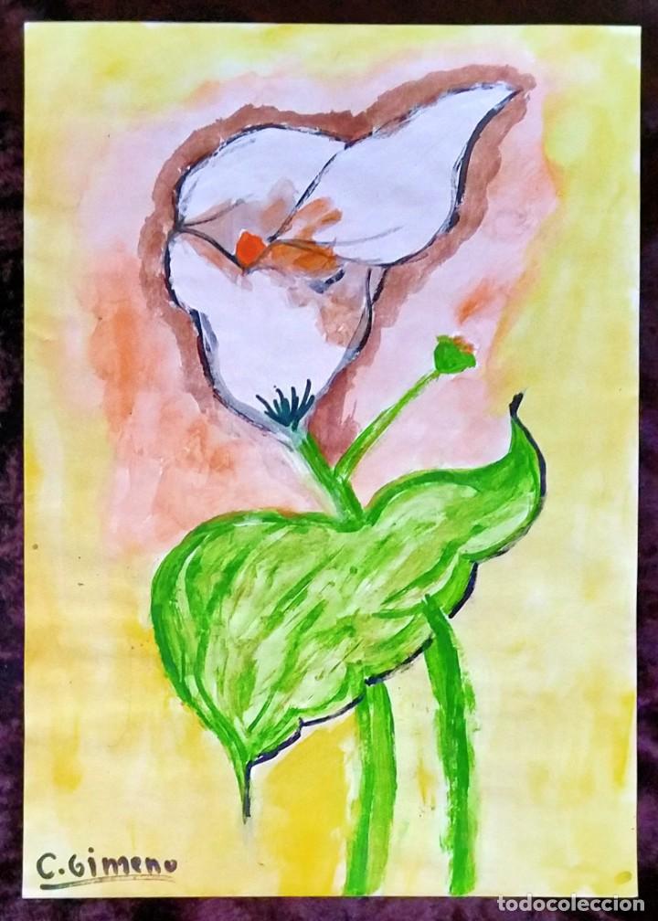acuarela / * flor blanca -cala- con hoja verde - Buy Contemporary  watercolors of the XX century at todocoleccion - 241186760