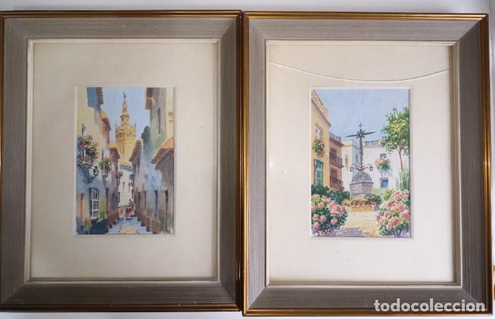 Arte: Pareja de acuarelas escuela sevillana. Representan lugares sevillanos. Firmado parte inferior