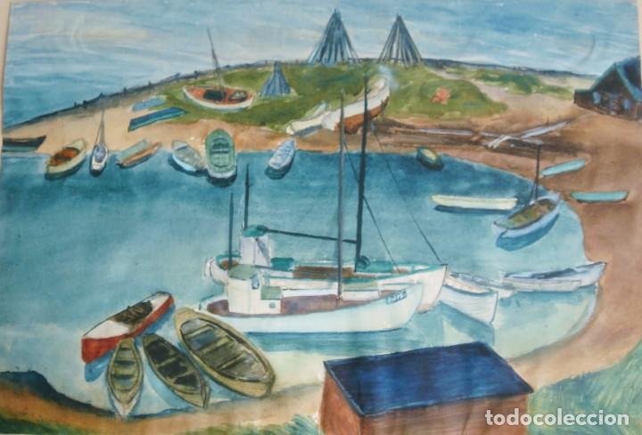 Arte: PEQUE&Ntilde;O PUERTO CON BARCAS, AQUARELA SOBRE PAPEL VERJURADO. FIRMADO Y CON A&Ntilde;O, 1945