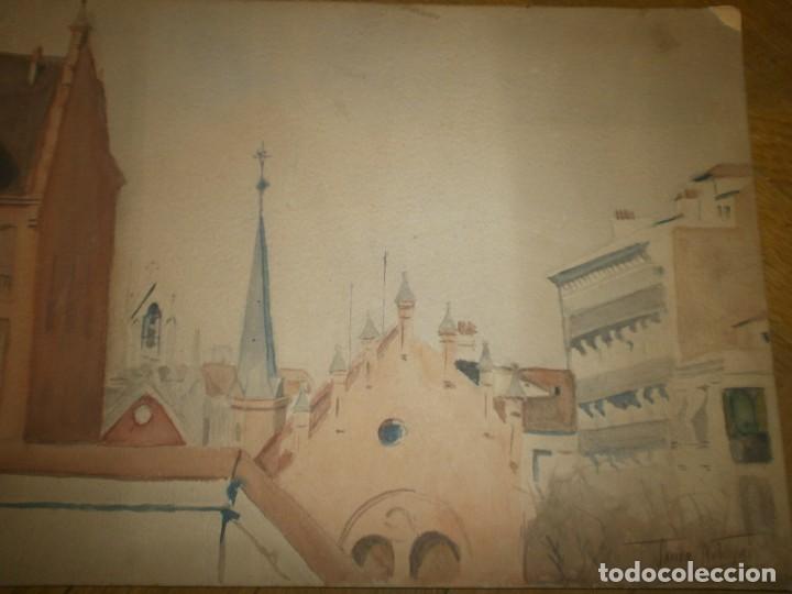 Arte: Dibujo acuarela sobre cart&oacute;n tejados ciudad firmado Javier Noblejas 1928 34.5X24.5 cm.