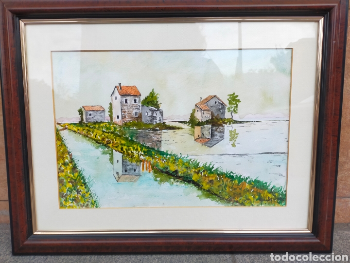 Arte: ACUARELA PAISAJE CON RIO Y CASAS, SOBRE PAPEL, FRIMADO J. SANCHEZ, EN MARCO DE MADERA