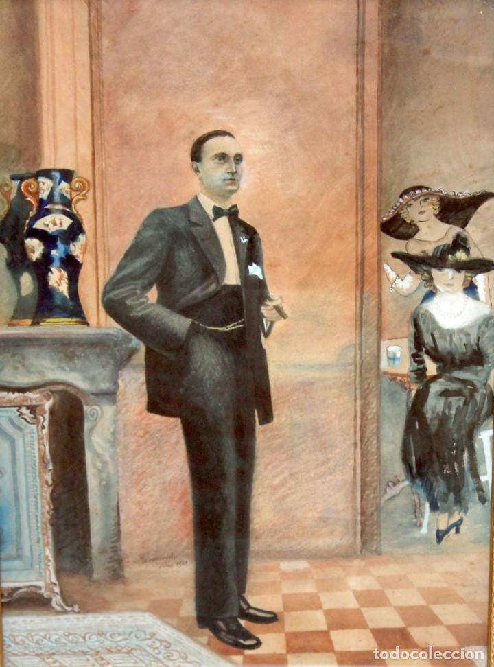 JOSE FRANCES AGRAMUNT (1868 - 1951) ACUARELA SOBRE PAPEL DEL AÑO 1921. INTERIOR CON PERSONAJES (Arte - Acuarelas - Contemporáneas siglo XX)