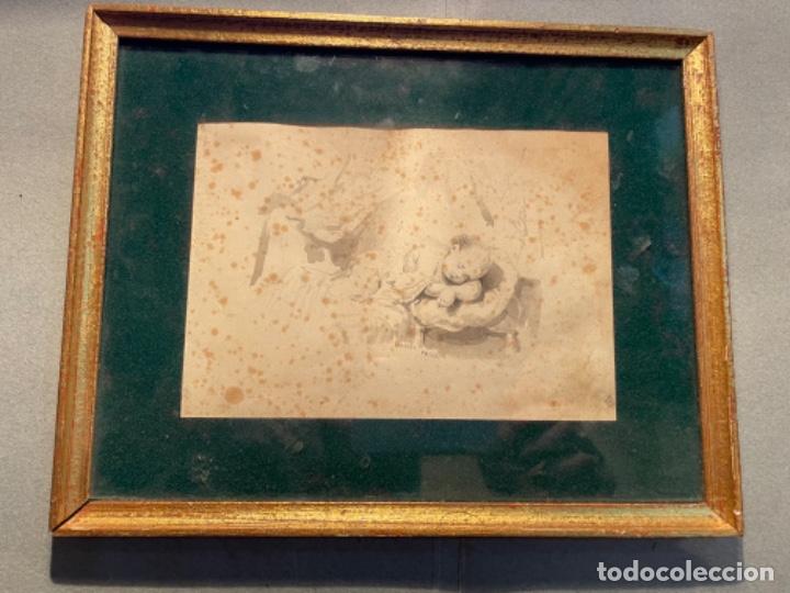 Kunst: ANTIGUO DIBUJO ACUARELA NI&Ntilde;O , ENMARCADO 25X20 CM. DIBUJO 17,5X12,5 CM.