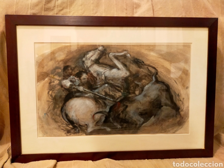 Art: GRISALLA SOBRE PAPEL. MOTIVO TAURINO, PICADOR Y TORO. FIRMADO.