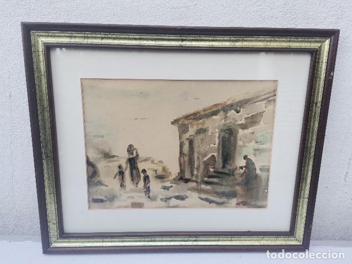 Art: SIGLO XX ACUARELA PAISAGE CON FIGURAS FIRMADA