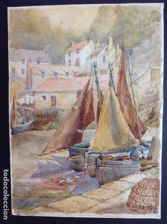 Arte: An&oacute;nimo. Barcas en el puerto. - Foto 1